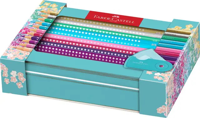 Faber-Castell Sparkle Colouring Pencils Set, Tin Turquoise, 20 Assorted Colours & 1 Sleeve Mini Sharpening Box