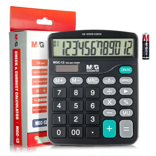 M&G Tischrechner, 12-stelliger Bürorechner mit Großem LCD Display, Check & Correct Funktion, Dualbetrieb Solar und Batterie, Rechner mit Großen Tasten, Schwarz