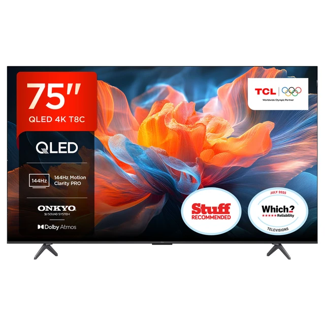 TCL 75T8C 75” QLED 4K Ultra HD, HDR PRO TV, Smart TV Powered by Google TV (Dolby Vision & Atmos, 144Hz Motion Clarity Pro, Voice Control, compatible with Google Assistant, Google Cast)