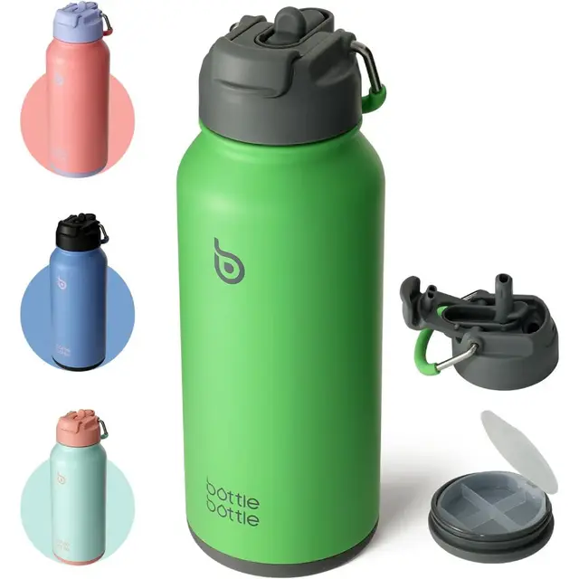 BOTTLE BOTTLE Gourde de sport en acier inoxydable avec couvercle paille 2-en-1 et compartiment pour pilules, motif Forêt d’été, 950 ml (32,1 oz), promotion Nouvel An, idée cadeau parfaite