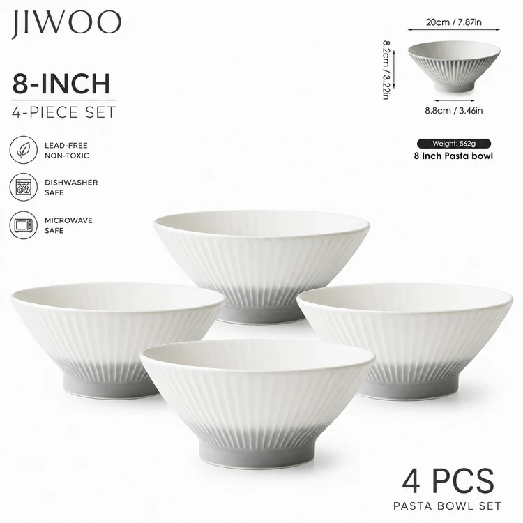 JIWOO Collins Value Familien-4er-Set, 8 Zoll elegante Ramen-Keramikschalen – Weiße Schalen mit grauen Füßen | Geschirr