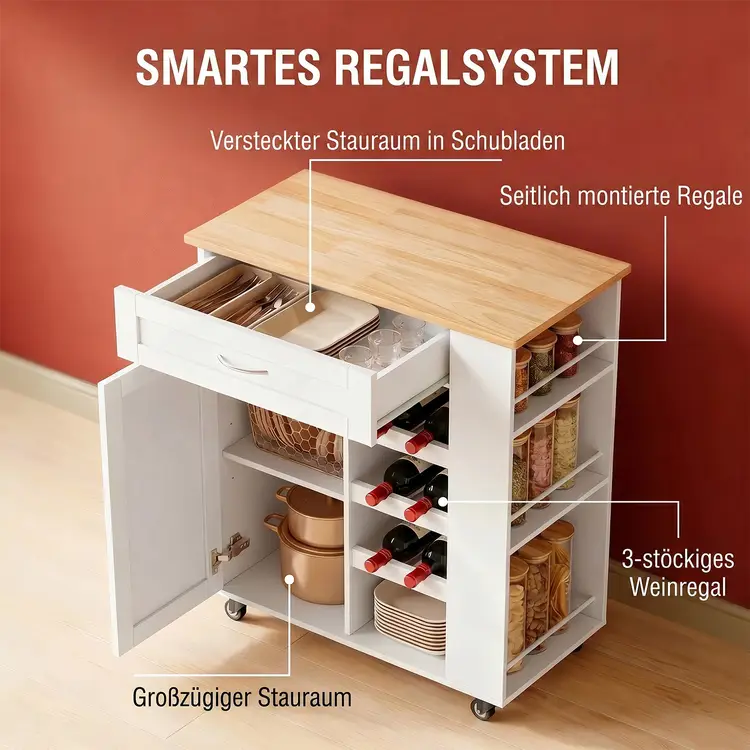 HaluPeit Küchenwagen mit Rollen, Servierwagen mit Rollen, Kücheninsel mit Arbeitsplatte, Küchen-Schrankwagen mit Schubladen und Weinregal, geeignet für Wohnzimmer und Esszimmer, Weiß | Küchenwagen & Servierwagen