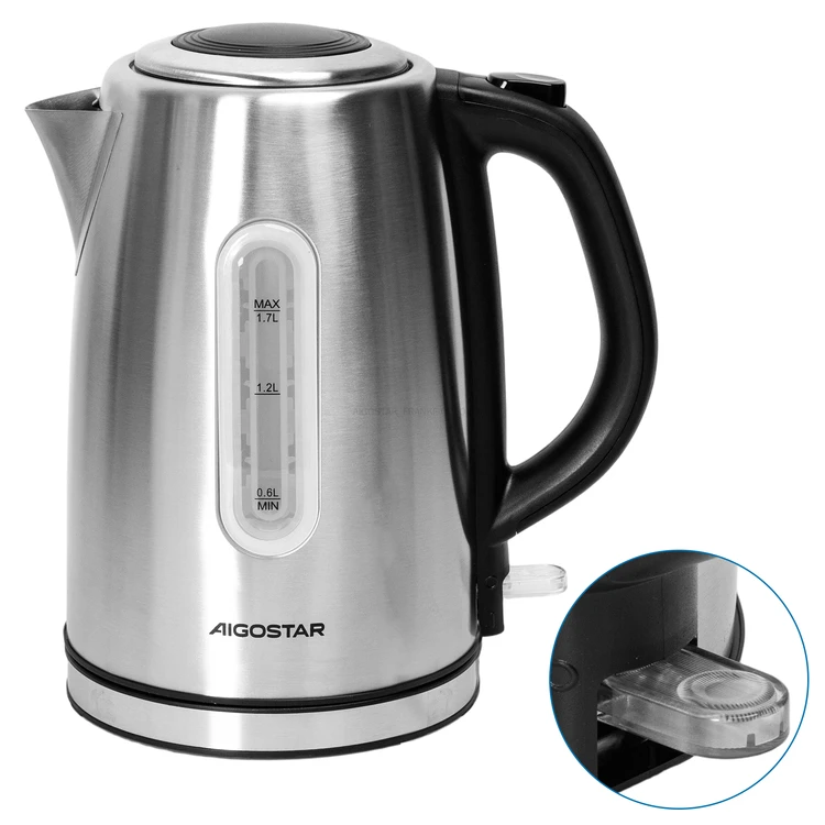 Aigostar Queen Wasserkocher Edelstahl 1,7 Liter 2200W kabellos Abschaltautomatik Schwarz/Silber | Wasserkocher & Heißwasserspender