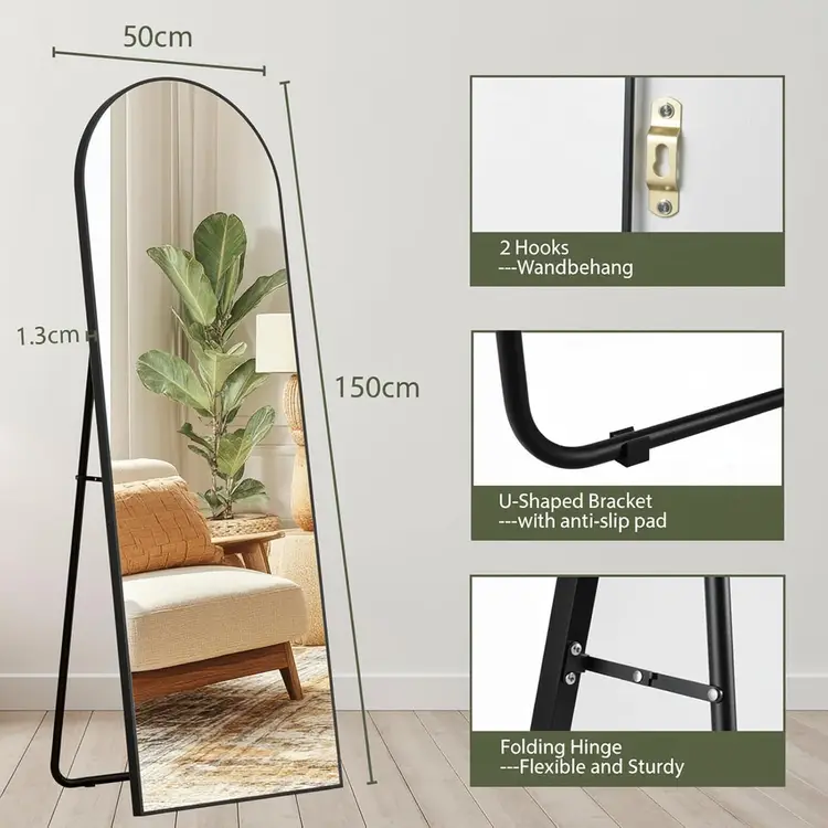 Gebogenes Standspiegel 150x50 cm, Ganzkörperspiegel, mit Aluminiumrahmen, stehend oder hängend, für Wohnzimmer, Schlafzimmer, Eingangsbereich | Standspiegel