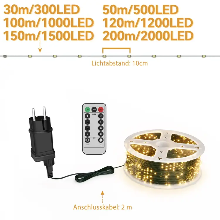 FIVMEN LED Kupferdraht Lichterkette Außen mit 8 Modi Fernbedienung Drahtlichterkette mit Stecker IP44 Wasserdicht Weihnachtslichterkette für Weihnachtsdeko Halloween und Party 150m, 1500LED Warmes Weiß | Spezial- & Dekorationsbeleuchtung