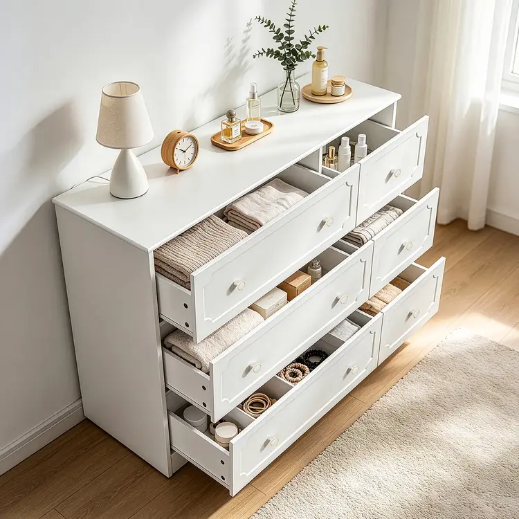 Kommode mit 6 Schubladen 3 große Schubladen + 3 kleine Schubladen, Schlafzimmer-Aufbewahrungsschrank, 108 x 40 x 82 cm, Weiß Weiß 108 (L) × 40 (P) × 82 (H) cm | Aufbewahrungstruhen & Kisten