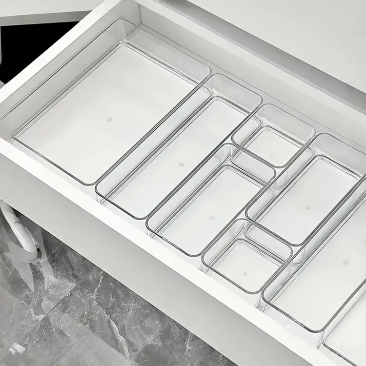 28-teiliges Schubladen-Organizer-Set, 4 Größen, transparente Kunststoff- Schubladen-Organizer, Behälter für Badezimmer- und Schminktisch-Organisation, Küchenutensilien, Make-up | Heimaufbewahrung