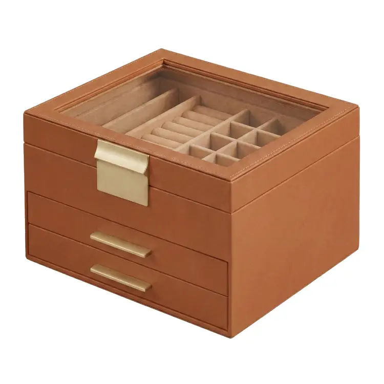 JOYFURNOS Schmuckkästchen mit Glasdeckel, 3-lagiger Schmuck-Organizer, 2 Schubladen, Schmuckaufbewahrung, 8 x 9,1 x 5,3 Zoll, Braun und Gold | Heimaufbewahrung