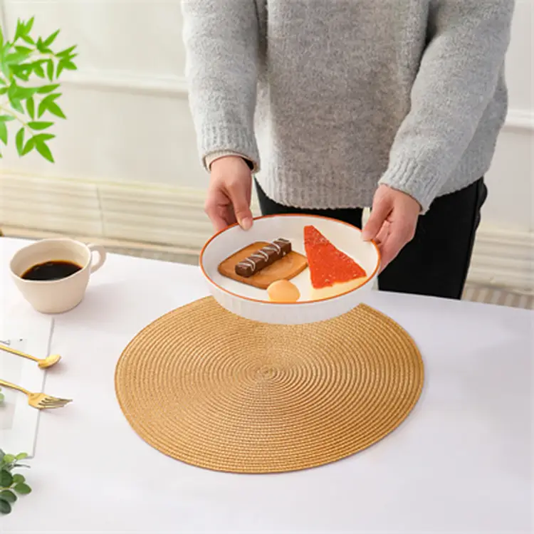 PP Tischset einfarbig E-Commerce Strohgelb, Set aus 6 runden geflochtenen Tischsets, rutschfest und waschbar, 38 cm für Esstische und Wohnungsdekoration | Küchen- & Tischwäsche