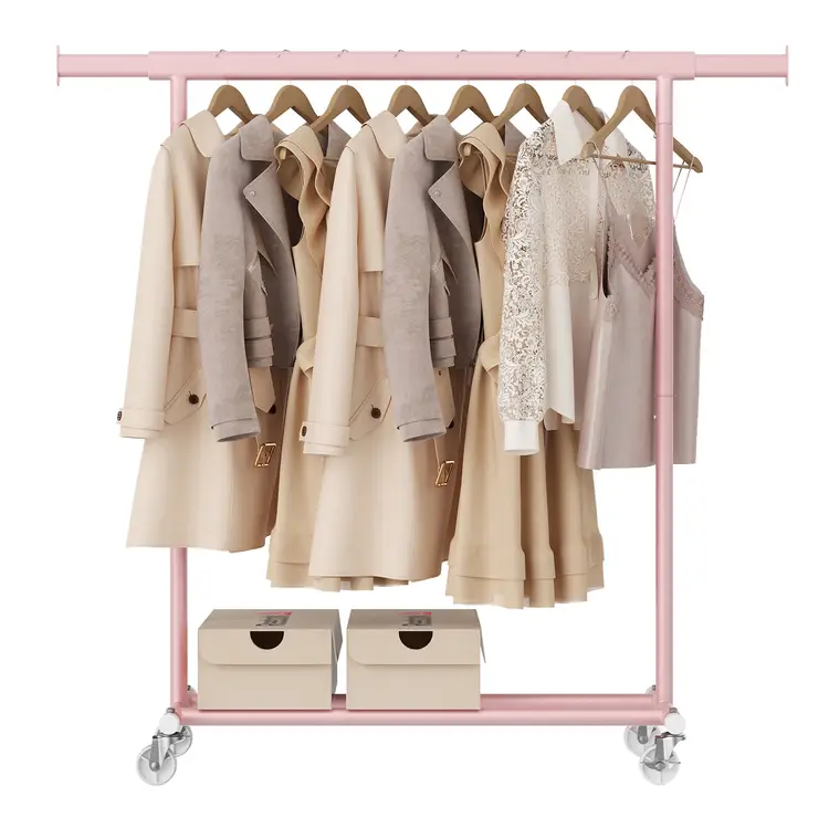 Ochama Kleiderständer mit Rollen, verstellbare Kleiderstange, Robust, für Schlafzimmer, einfache Montage, tragbar, Rosa | Kleider- & Schrankaufbewahrung