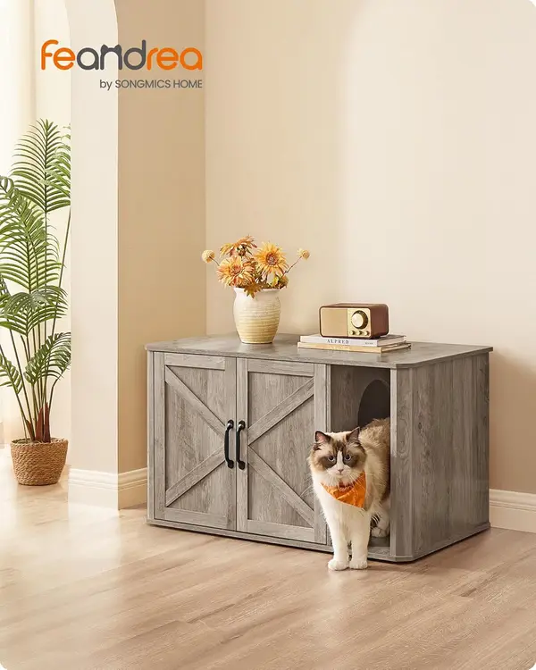 FEANDREA Kattenbakmeubel – Kattenhuis Met Deuren, Vintage Bruin, Tafelblad Belastbaar Tot 60 Kg