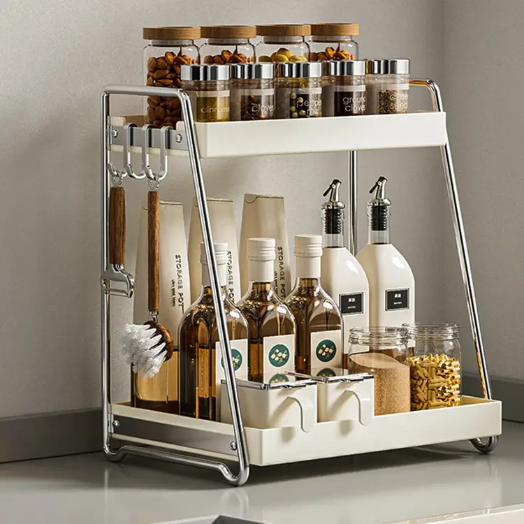 Maxcook Gewürzregal-Organizer für Arbeitsplatte, 2-stöckiges Aufbewahrungsregal für Gewürzgläser mit Haken für Küchenschrank, Arbeitsplatten-Organizer, 33*23*35 cm MCZW2092 | Küchenaufbewahrung