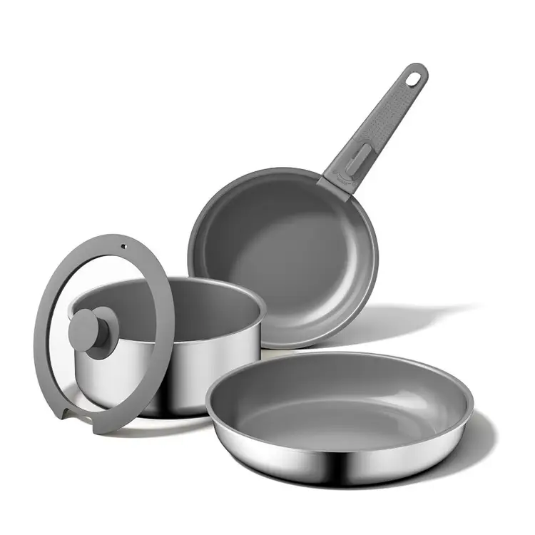 naturepan Topf- und Pfannenset Keramikbeschichteter Edelstahl Antihaft Induktionsgeeignet 20 26 cm Grau 5-teiliges Set Abnehmbarer Griff | Topf- & Pfannensets
