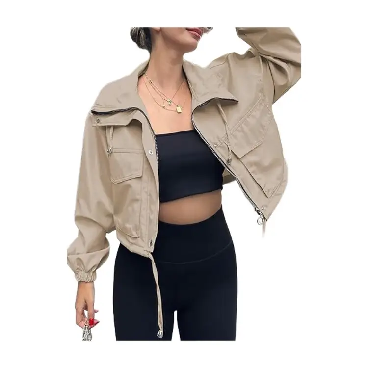 Women's Cropped Jacket Zip Up Lightweight Oversized Utility Anorak