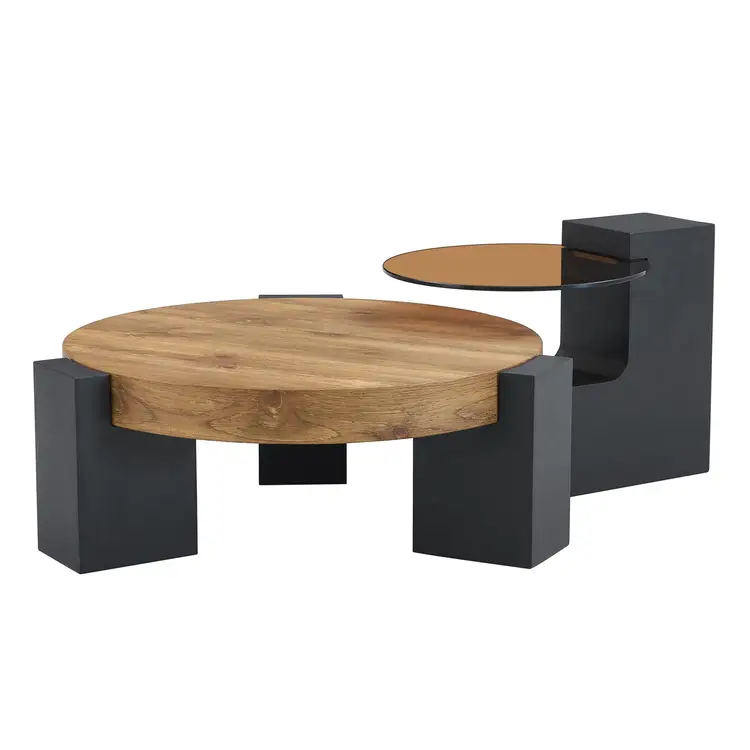 URBAN MEUBLE CRESTLA Moderner runder Couchtisch 2 Ebenen Holzoptik und braunes gehärtetes Glas abnehmbar 61 cm | Couchtische & Beistelltische