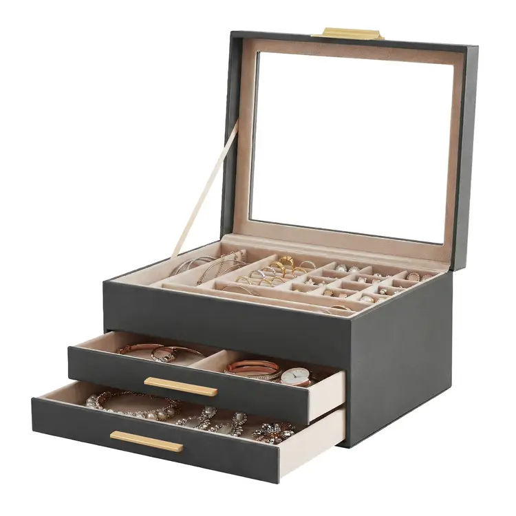 JOYFURNOS Schmuckkästchen mit Glasdeckel, 3-stöckiger Schmuck-Organizer mit 2 Schubladen, Schmuckaufbewahrung, 20,3 x 23,1 x 13,5 cm, Dunkelgrau | Heimaufbewahrung