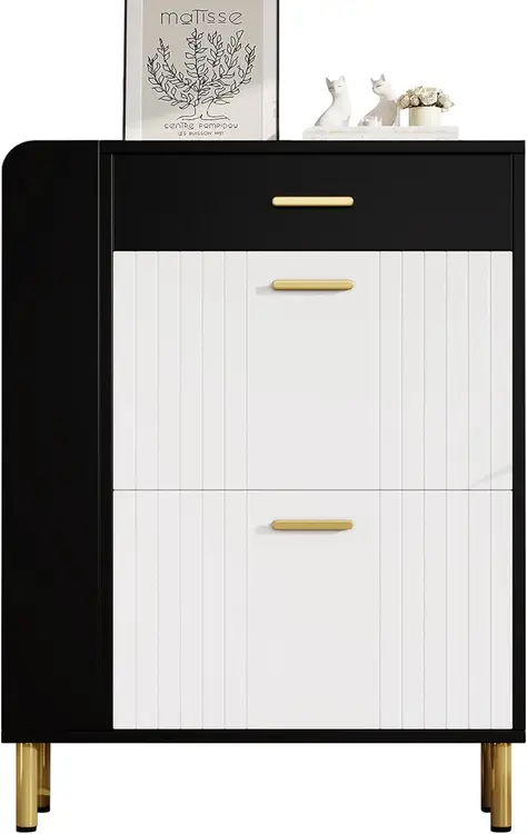 Schmaler Schuhschrank mit 2 Klappen,freistehend, ideal für Flur & Diele, Schwarz-Weiß Weiß | Schuhaufbewahrung