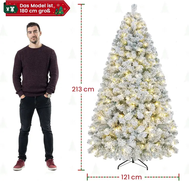 Yaheetech 2,1 m Vorgeschmückter Flocken-Kunstweihnachtsbaum mit 350 warmweißen LED-Lampen, 8 Beleuchtungsmodi und 1000 PVC-Zweigen, Scharniertanne, mit Ständer, Grün & Weiß