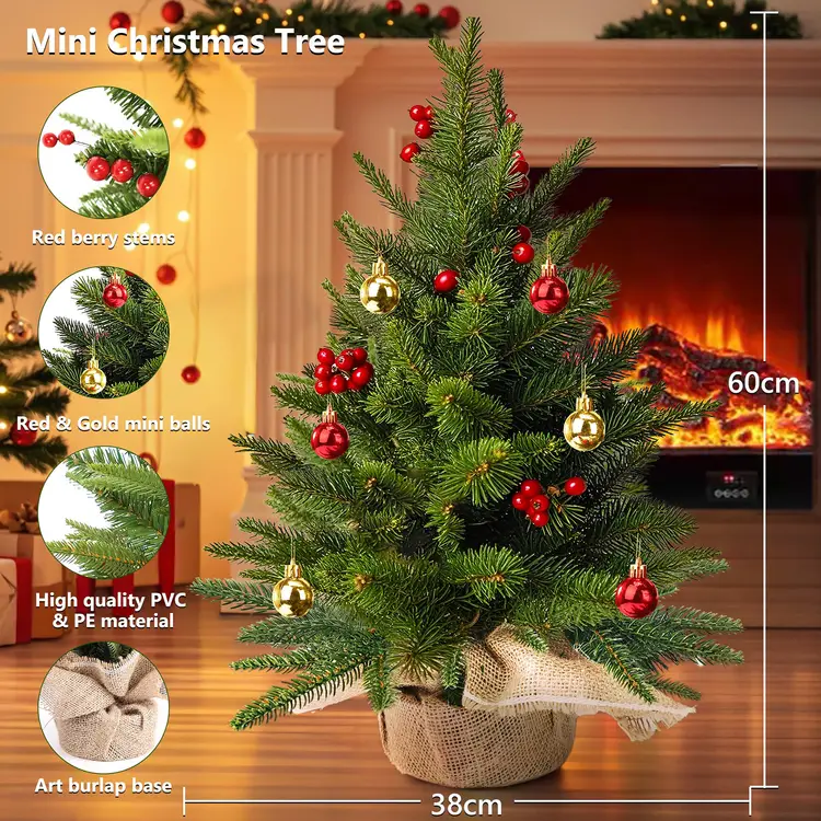 1 Stück 23,6 Zoll/60 cm Mini-Weihnachtsbaum, künstlicher Weihnachtsbaum für den Innenbereich, kleiner Tisch-Weihnachtsbaum, dekoriert mit roten Beeren und Weihnachtskugeln, Geschenkbaum für Weihnachtsdekoration, Büro und Zuhause | Weihnachten