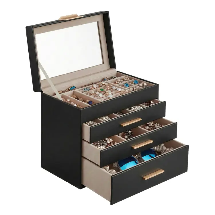 JOYFURNOS Schmuckkästchen mit Glasdeckel, 4-stöckiger Schmuck-Organizer, 3 Schubladen, für Sonnenbrillen, großer Schmuck, Schwarz | Heimaufbewahrung