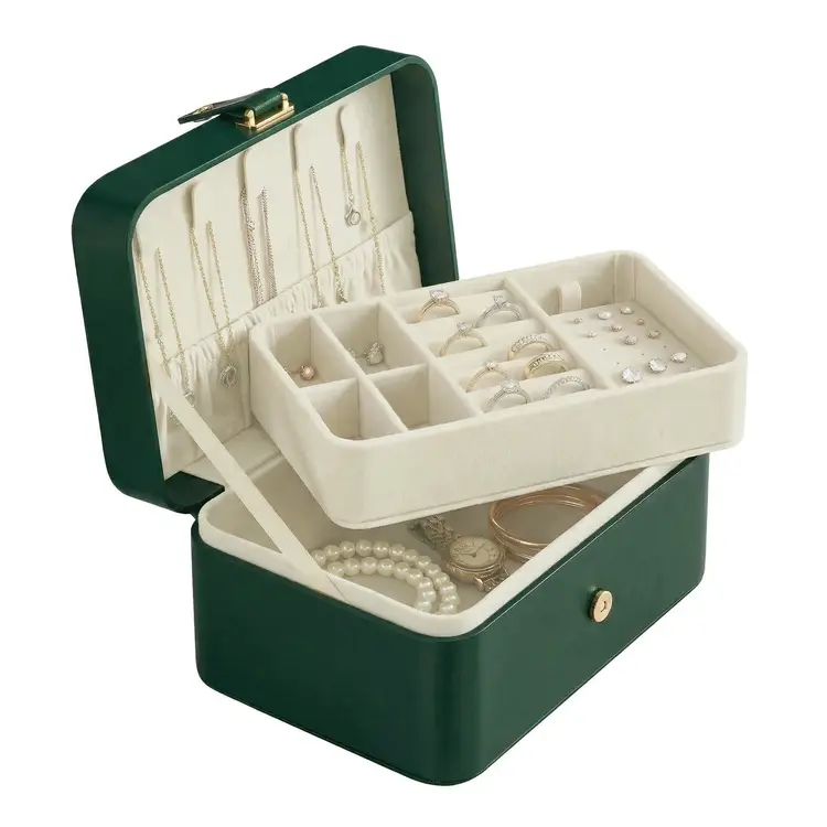 JOYFURNOS Tragbare Schmuckkiste, Reiseschmuckkoffer, 2-stöckiger Schmuck-Organizer, Für größere Accessoires, PU-Oberfläche, Geschenk, Dunkelgrün | Heimaufbewahrung