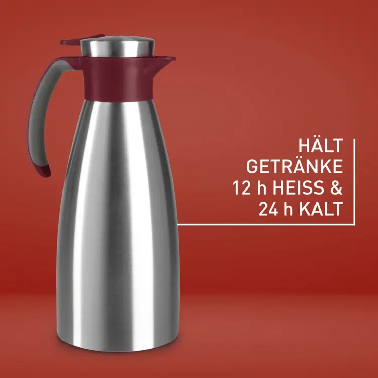 Emsa Soft Grip Thermoskanne, 1,5 L, Edelstahl, Hält 12 Stunden heiß + 24 Stunden kalt, Auslaufsicher, Rutschfester Griff, Burgunderrot, N4120500 | Reisebecher