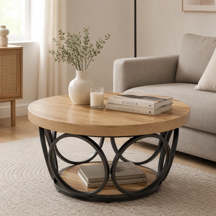 LANTINE Runder Couchtisch, 80 cm, Holztisch mit 2 Ablageebenen, moderner Landhausstil, braune Holzmaserung | Couchtische & Beistelltische