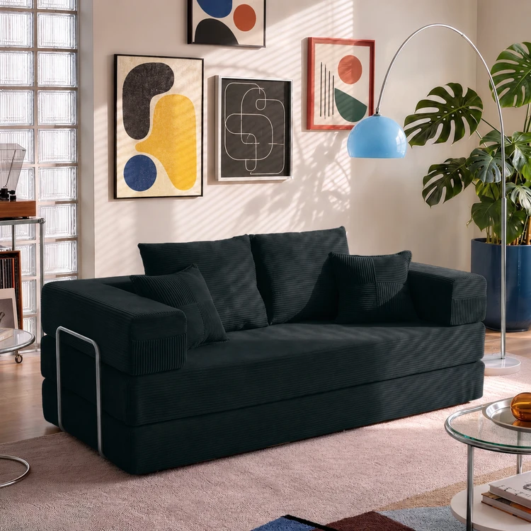 YINIX Klappbares Schlafsofa 160 cm, 2-Sitzer Bodenliege mit Memory-Schaum & Federn, Komprimierbares Futon Sofa, Breit & 15.7 Zoll Sitzhöhe, Cord Material Schwarz | Sofas, Sessel & Hocker