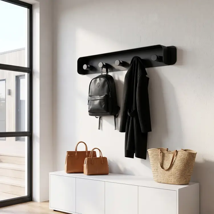 KAPANOU Wandgarderobe mit Ablage, 5 Haken, Garderobenstange mit robusten Metallhaken, für Badezimmer, Schlafzimmer, Eingangsbereich, moderner, dekorativer Aluminium-Wandhaken zum Aufhängen von Mänteln, Handtüchern und Hüten (Schwarz), Neujahrs-Aktion