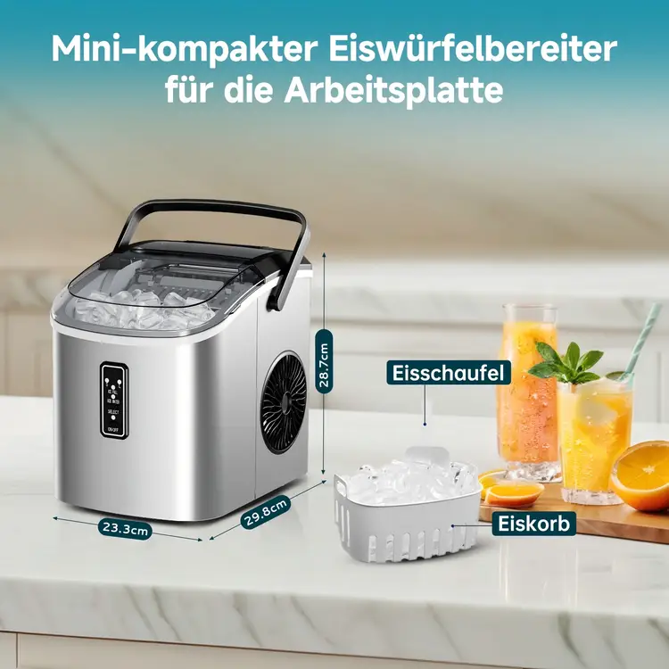 EUHOMY Eiswürfelmaschine, klein, 9 Würfel in 6 Minuten bereit, 12 kg/Tag, selbstreinigend, tragbare Eismaschine mit Tragegriff, Korb und Schaufel, 2 Größen von Eiswürfeln, für Zuhause, Küche, Büro | Eiswürfelmaschinen