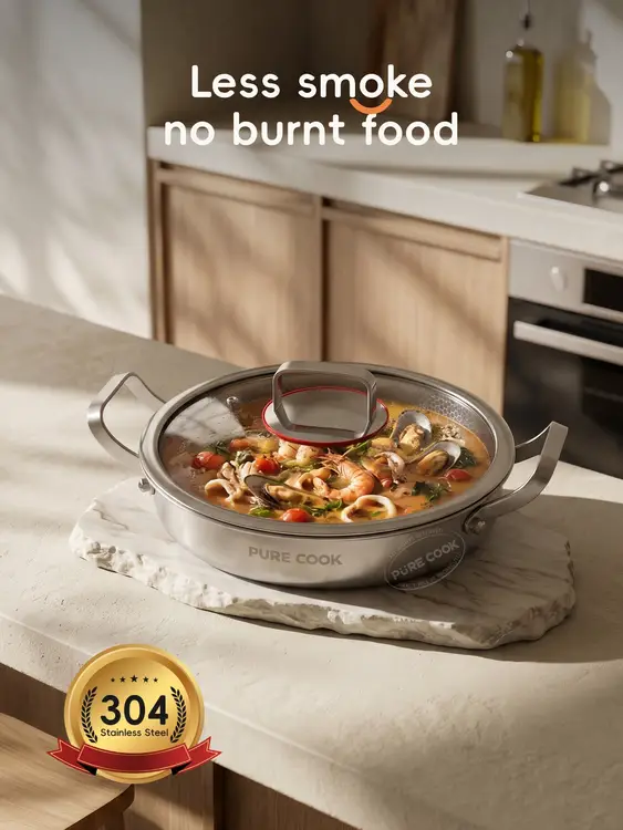 PURE COOK 304 dreilagiger Edelstahl-Waben-Topf mit Glasdeckel und zwei Griffen induktionsgeeignet 26 cm (10,24 in) | Suppentöpfe
