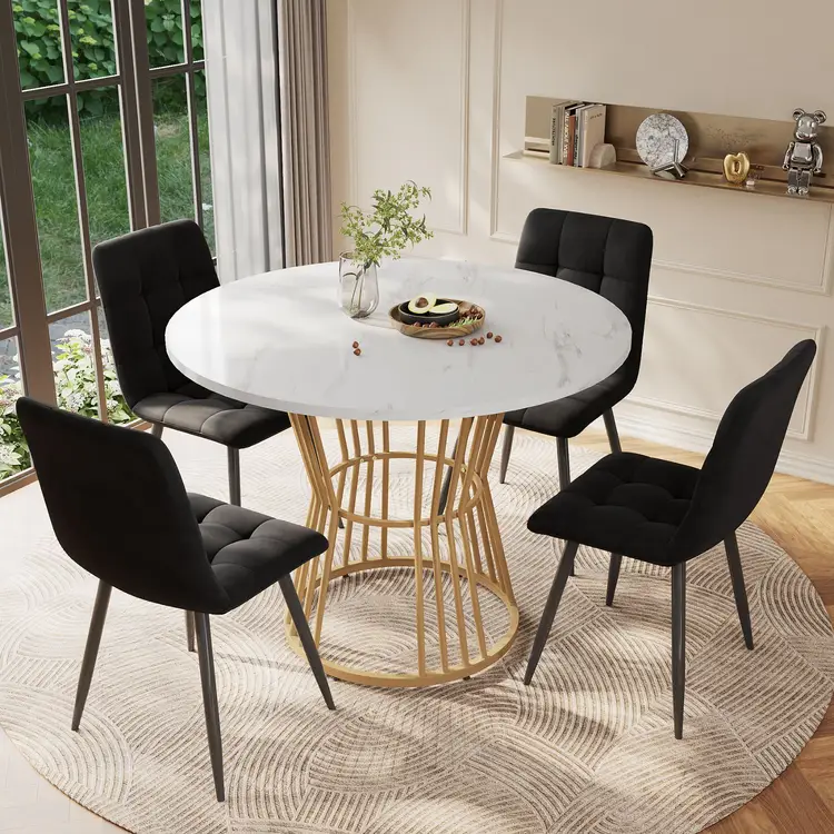 Essgruppe Mit 4 Stühlen, Runder Esstisch 100 Cm, Marmoroptik Und Schwarze Samtstühle | Esszimmer-Sets