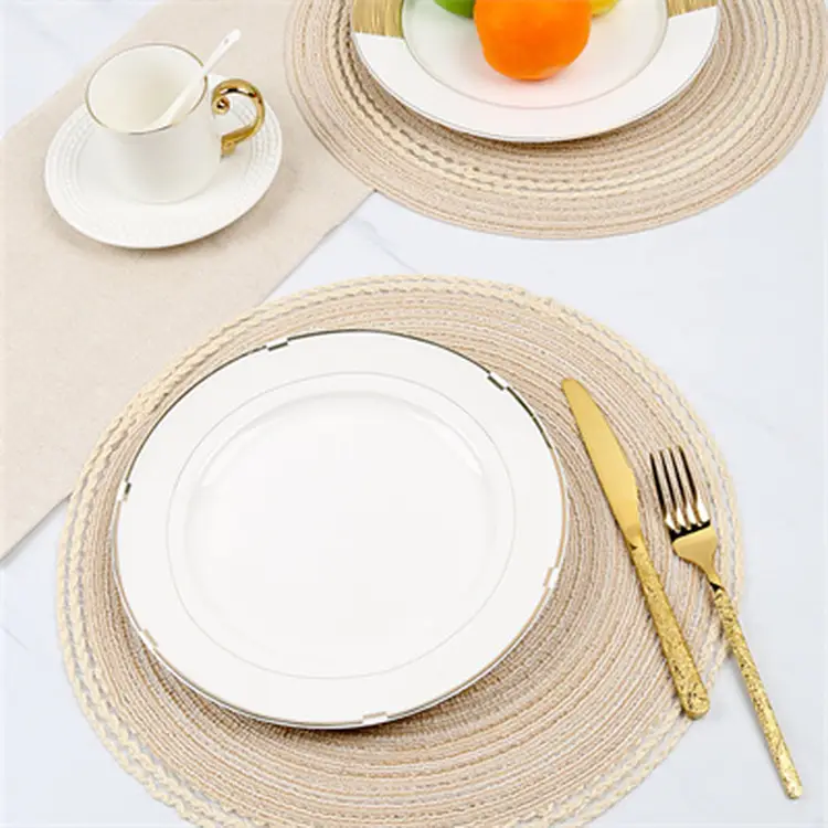 FunWheat Set van 4 placemats, rond, gevlochten, voor eettafel, stof, wasbaar, antislip, 38,1 cm, wit, 4 stuks