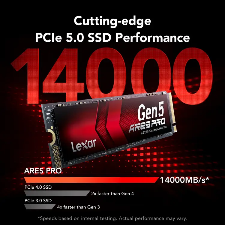 Lexar ARES PRO 4TB SSD – Gen 5 NVMe M.2, PCIe 5.0 X4, Leessnelheid 14.000 MB/s – Voor Gaming, AI & Videobewerking