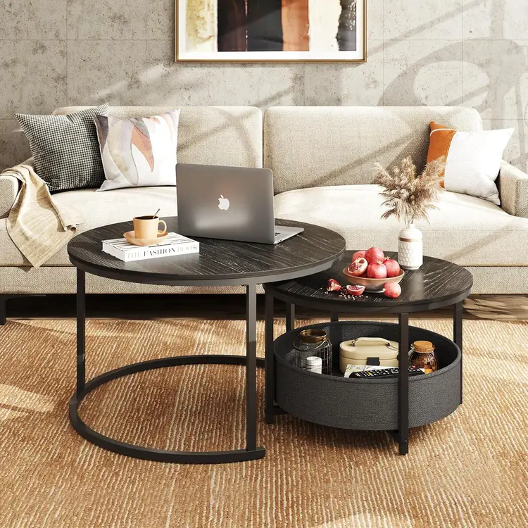 WLIVE Runder Couchtisch, 2er-Set, Beistelltische mit Stoffkorb, stapelbare Tische, Wohnzimmertisch mit Metallrahmen und Holzplatte, Sofatisch für Wohnzimmer, Balkon (Kohle-Schwarz) | Couchtische & Beistelltische