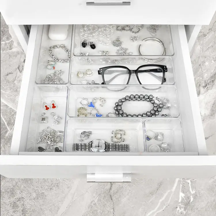 28-teiliges Schubladen-Organizer-Set, 4 Größen, transparente Kunststoff- Schubladen-Organizer, Behälter für Badezimmer- und Schminktisch-Organisation, Küchenutensilien, Make-up | Heimaufbewahrung