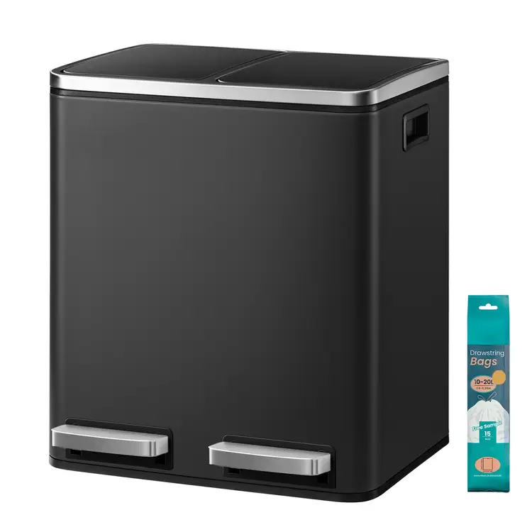 JOYFURNOS Doppelpedal-Mülleimer, 2 x 15 L Recyclingbehälter mit Absenkautomatik, Innenbehältern, für eine kleine Familie, Stahl, Schwarz | Mülleimer