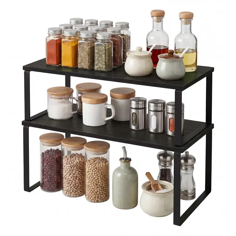 JOYFURNOS 15,6-Zoll Schrank-Organizer-Ablage, 2er-Set Küchenarbeitsplatten-Ablagen, Küchenaufbewahrung, Stapelbares Gewürzregal, Schwarz | Küchenaufbewahrung