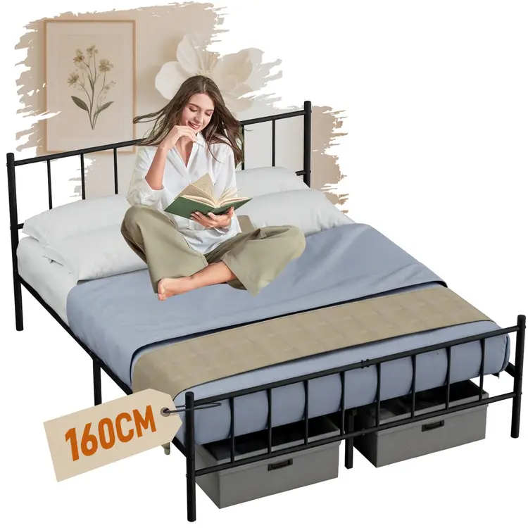 Bettgestell, Metallbett mit Lattenrost und hohem Kopfteil mit Metallkugeln, ca. 32 cm Stauraum unter dem Bett, einfache Montage, Schwarz 160x200cm | Betten, Bettgestelle & Unterbauten