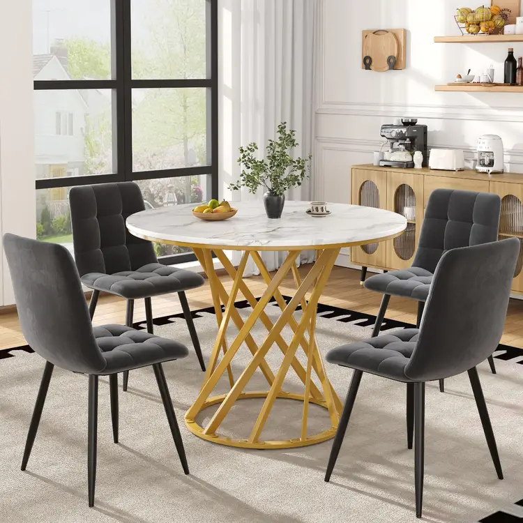 Esstisch Set Mit 4 Stühlen, Runder Tisch 80 Cm, Marmormuster Und Goldfarbenes Metallgestell | Esszimmer-Sets