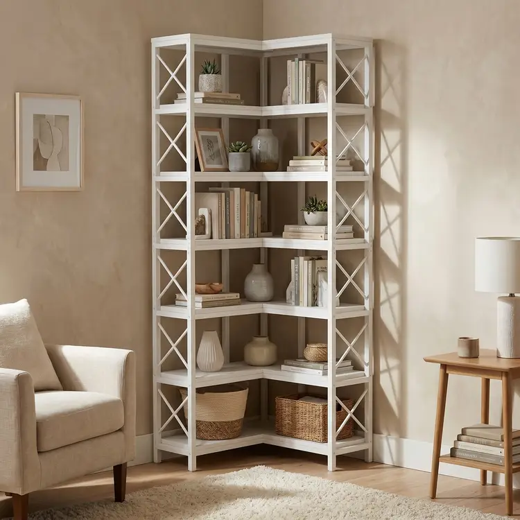 7-stufiges Eck-Bücherregal 60 x 59 x 200 cm 1 Stück Home/Office/Wohnzimmer Weiß | Bücherregale & Regale