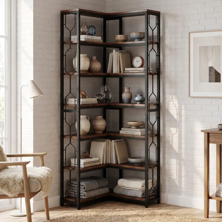 Eck-Bücherregal, 7-stufiges industrielles Eckregal, Holz- und Metall-Eckregal, freistehendes Aufbewahrungsregal für Wohnzimmer, Küche, Homeoffice (Braun) | Bücherregale & Regale