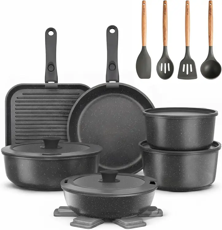 YASHE BZD-DC02G Antihaft-Induktionskochgeschirr-Set, 21-teilig, ungiftiges Granit-Pfannen- und Topf-Set, backofenfest, stapelbar, platzsparend Schwarz | Topf- & Pfannensets
