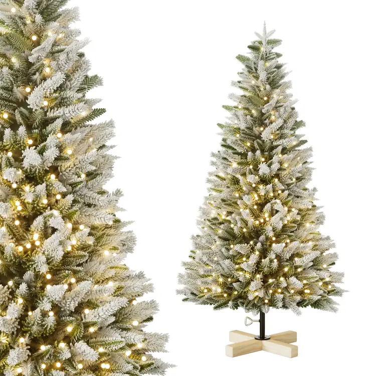 Künstlicher Weihnachtsbaum Mit Schnee Tanne Naturweiß Beflockung, PE und PVC Material, Mit Holzständer Tannenbaum Künstlich Festdekoration für Flur, Wohnzimmer und Schlafzimmer Mit LED 225cm | Weihnachten