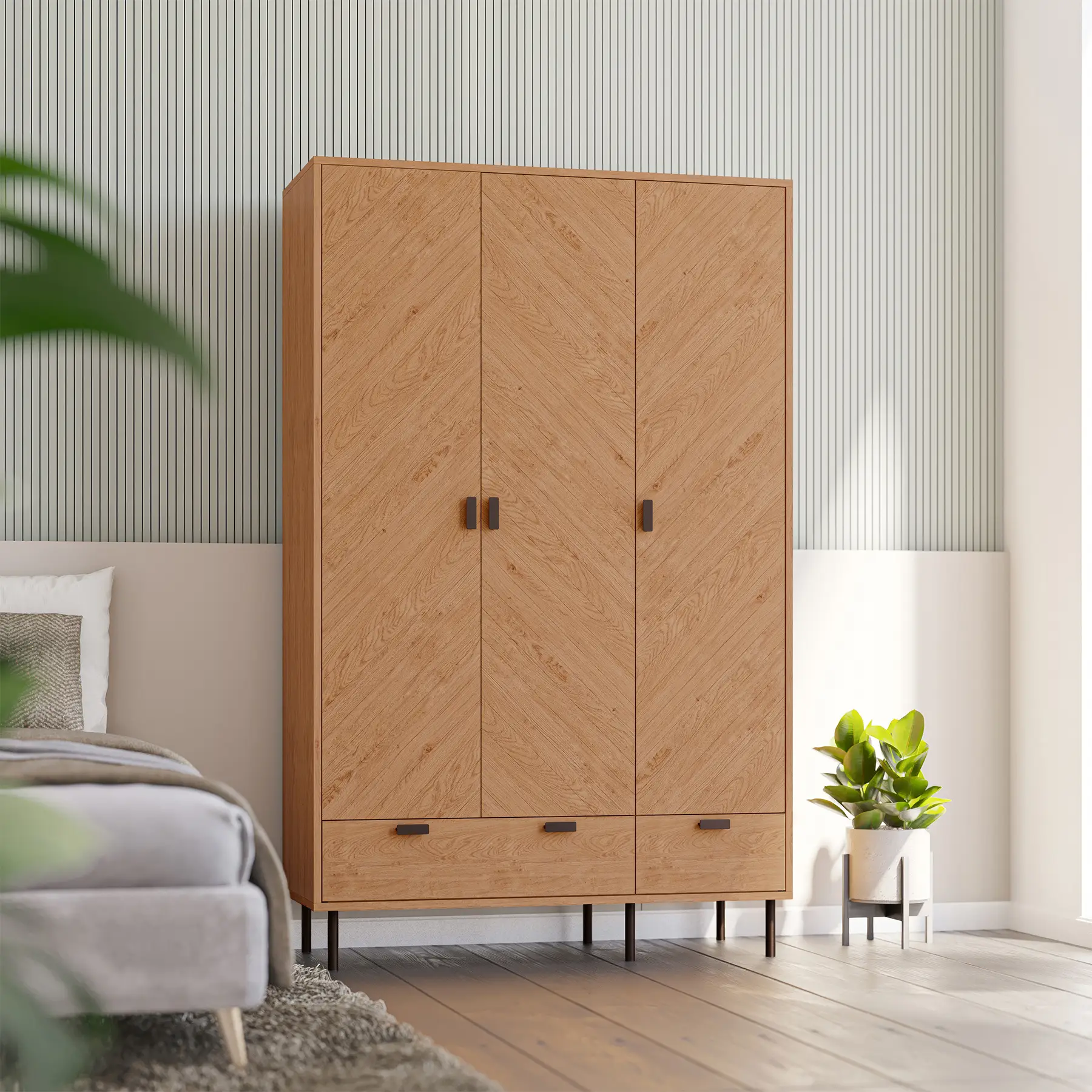 Entry Key Rack Modern Seconique Leon 3 Door 2 Drawer Wardrobe Medium Oak Effect | Wardrobes ...