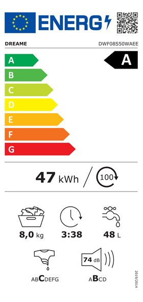 Étiquette énergie : Dreame Lave-linge hublot 8 kg 1400 tr/min ultra-mince DRWASHS8KG