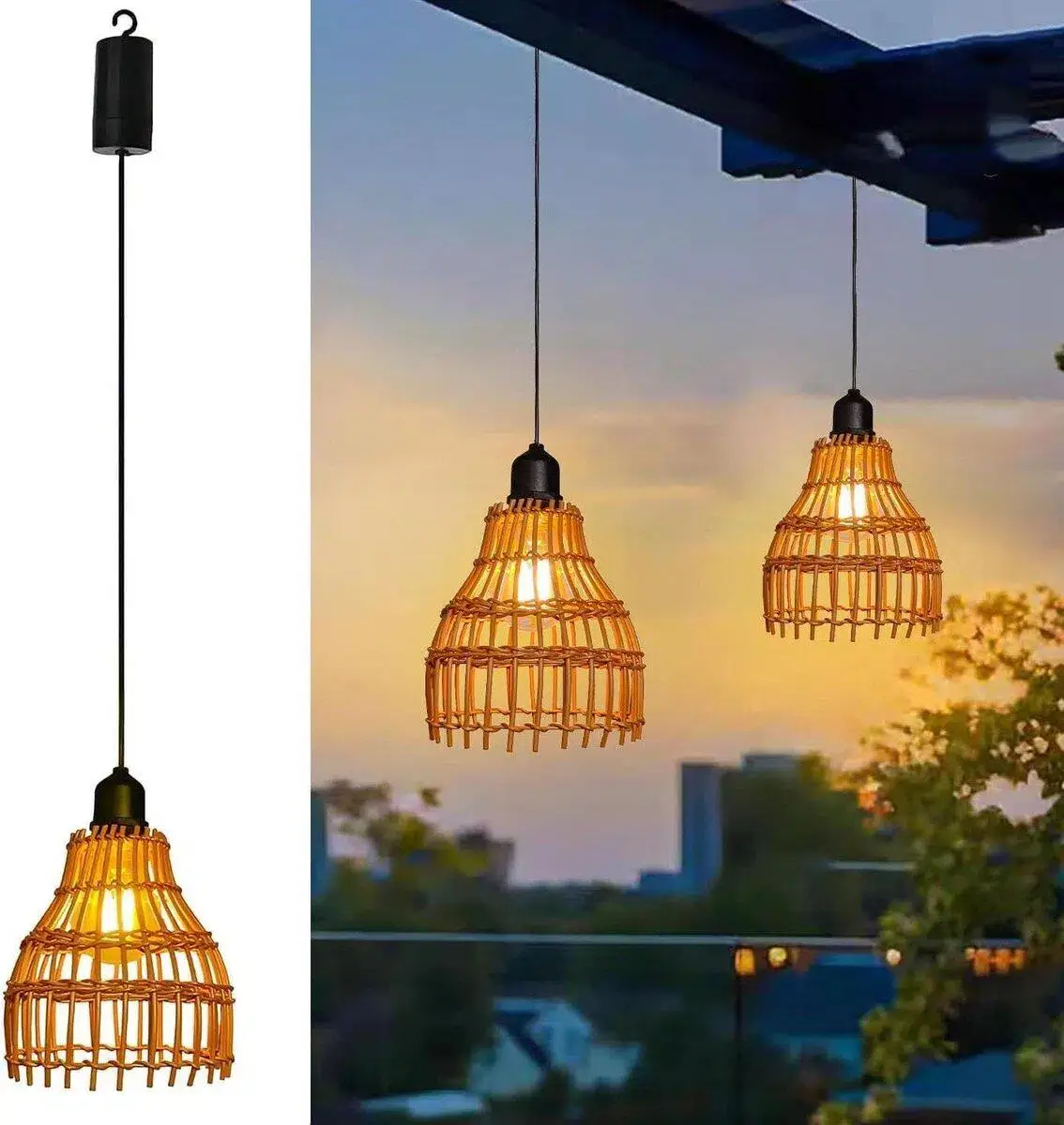 Calenxy 2er-Set Rattan Hängelampe – Boho, Batteriebetrieben, Ohne Stromanschluss, Mit Fernbedienung, Für Innen & Außen Pavillon Beleuchtung