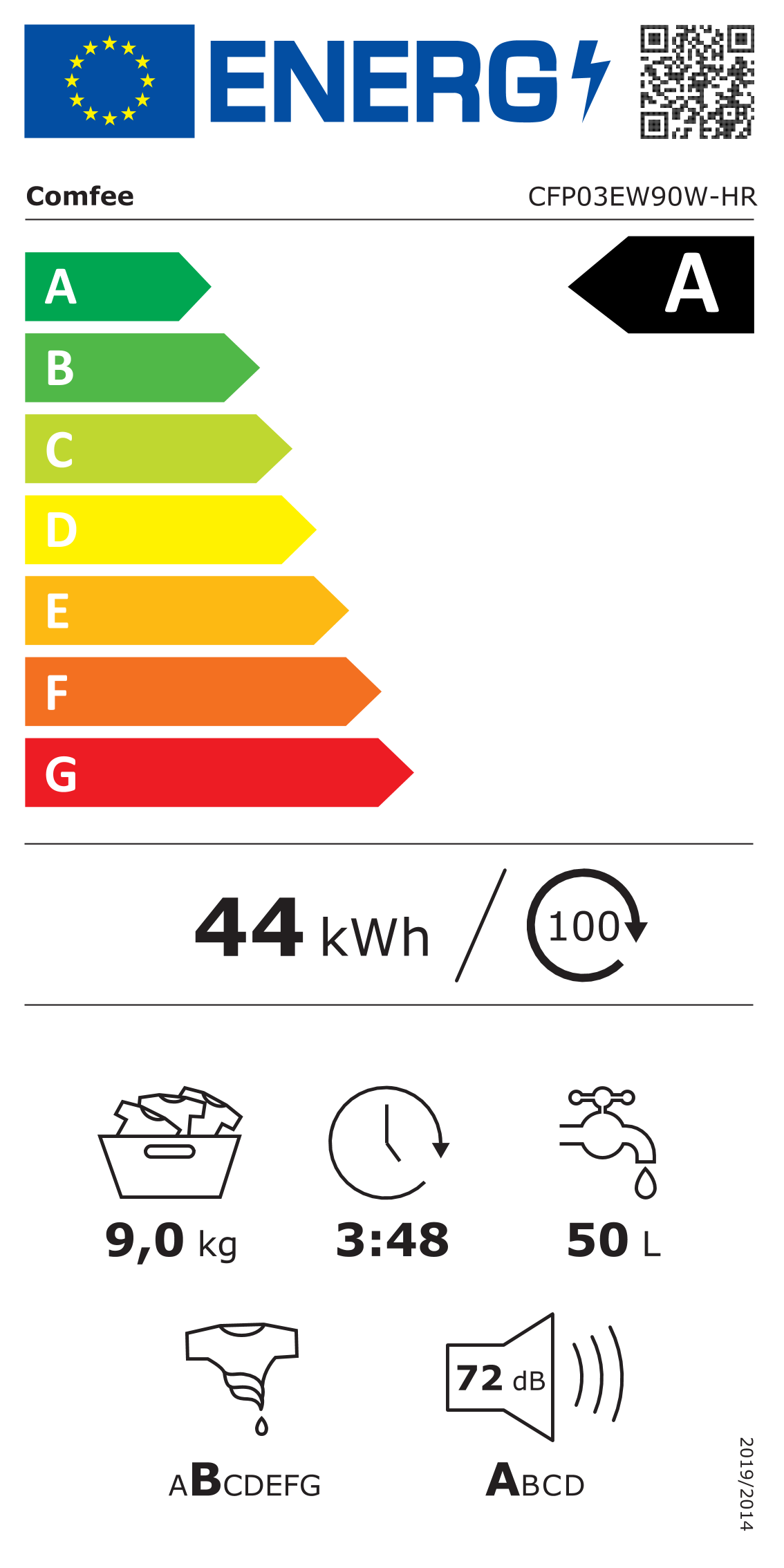 Étiquette énergie : Comfee' Lave-linge hublot 9 kg essorage 1400 tr/min CFP03EW90W-HR
