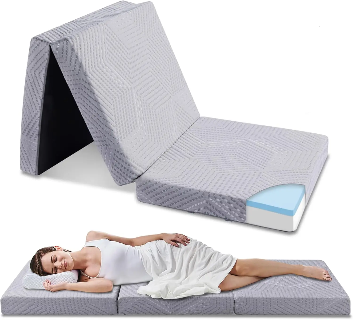 Vesgantti Matelas Pliable 3 Parties – Mousse Gel + Haute Densité, Housse Lavable, 48-72h D’Expansion – Invité, Camping