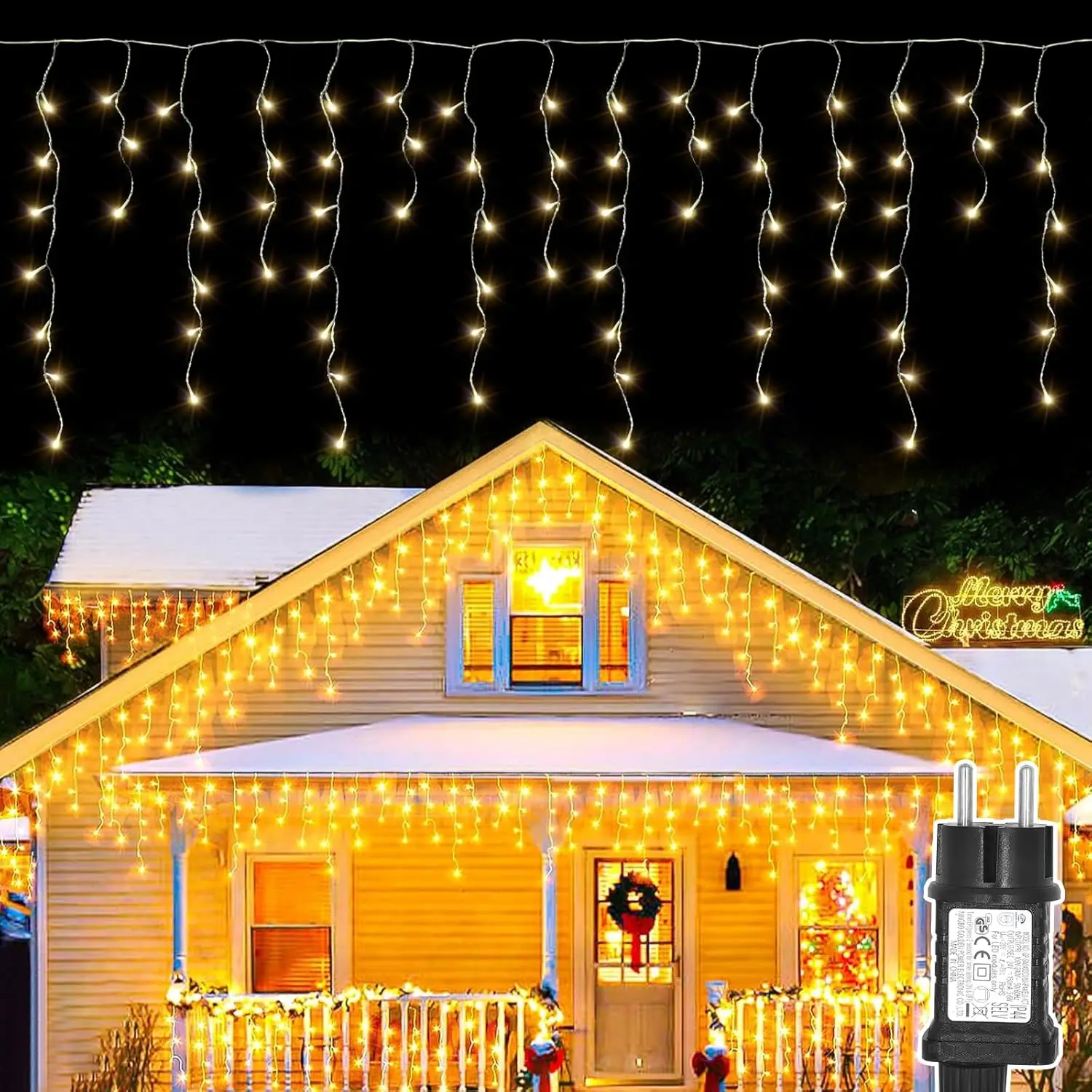 SALCAR LED Eisregen Lichterkette Außen – 200er Lichtervorhang, 5 M + 3 M Kabel, 31 V, IP44, 8 Beleuchtungsmodi + Timer & Memory – Warmweiß (2500–2800 K) – Ideal Für Weihnachten, Garten & Fenster